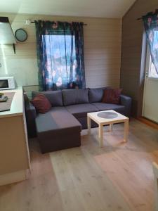 uma sala de estar com um sofá e uma mesa de centro em Vestavind hytter og rom AS em Vigra