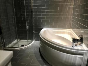 a bathroom with a toilet and a shower at 77 Park Road Apartments in Blackpool