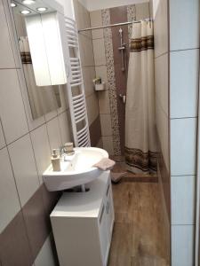 a white bathroom with a sink and a shower at EszE Vendégszoba in Tata