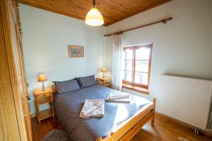 um quarto com uma cama e uma janela em Chrysanthe [ Portaria ] Traditional Pelion House em Portariá
