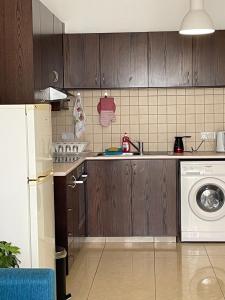 a kitchen with wooden cabinets and a washer and dryer at Cyprus Penelope in Larnaca