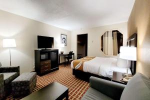 Quality Inn & Suites Marion في ماريون: غرفه فندقيه بسرير واريكه