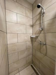 a shower with a shower head in a bathroom at Apartamentai Baltas gandras in Naisiai