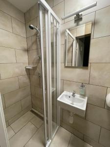 a bathroom with a shower and a sink at Apartamentai Baltas gandras in Naisiai