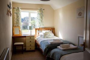 a bedroom with two beds and a desk and a window at Lower Pentre in Llanddewi Ystradenny