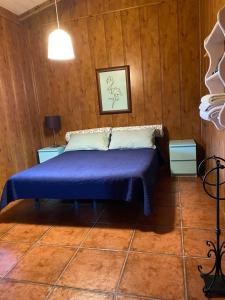 ein Schlafzimmer mit einem blauen Bett in einem Zimmer mit Holzwänden in der Unterkunft Cigarra Sierra in Córdoba