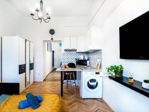 a kitchen with a washer and dryer in a room at Gogol Studio Apartment in Budapest