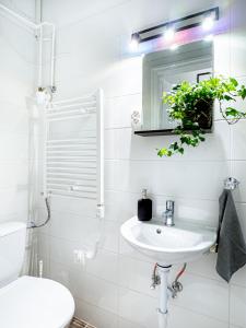 a bathroom with a sink and a toilet and a mirror at Gogol Studio Apartment in Budapest