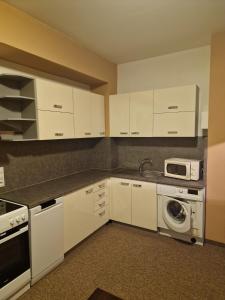 a kitchen with white cabinets and a washer and dryer at Penzion Toscana in Nitra