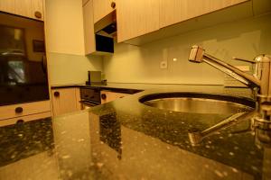 a kitchen with a sink and a faucet at Chesa Munteratsch 1-Zimmerwohnung 107 Typ B in Silvaplana +62 photos