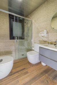 La salle de bains est pourvue de toilettes, d'un lavabo et d'une douche. dans l'établissement Hotel Reina Aixa, à Cogollos de Guadix