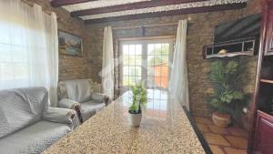 una sala de estar con una mesa con una planta en Villa Arrifes, en Reguengo Grande