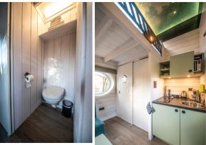 2 fotos de un baño con aseo y lavabo en Sterrenkubus, en Lattrop