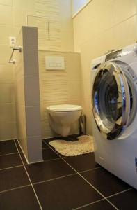 een badkamer met een wasmachine naast een toilet bij Apartmán Roosevelt in Banská Bystrica