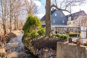 a house and a river in front of a house at Land & Leben Pension in Chemnitz