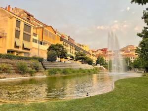 una fuente en medio de un río con edificios en Estudio céntrico 2 con terraza y parking privado en Ourense
