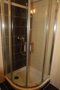 um chuveiro com uma porta de vidro na casa de banho em Apartmán Roosevelt em Banská Bystrica