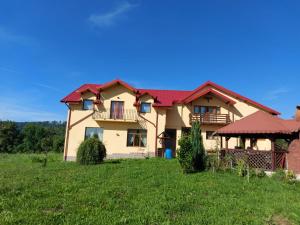 a large house on a hill with a grass field at Casa de vacanta La Ticu in Cîndeşti