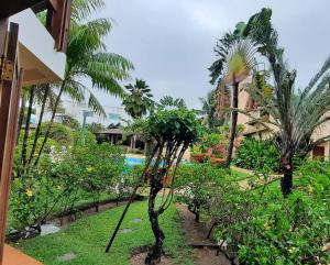 un jardín con palmeras y una piscina en Paz Mania, en Porto Seguro