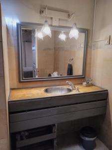 baño con lavabo y espejo grande en Loft Rufino en Mendoza