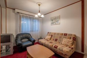 ein Wohnzimmer mit einem Sofa und einem Stuhl in der Unterkunft Marmottes Furnished flat in Annecy
