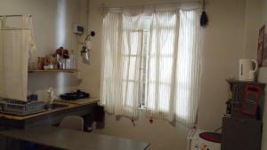 a kitchen with a sink and a window with white curtains at Loft Rufino in Mendoza