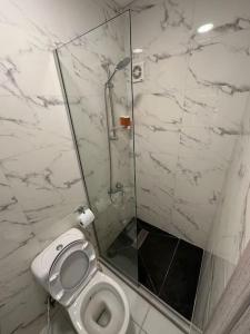 La salle de bains est pourvue de toilettes et d'une douche en verre. dans l'établissement privet (33)near downtown kh&sh, à Ash Shumaysānī