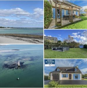 uma colagem de quatro fotos de casas na água em Belle maison rénovée, 5mn à pied de la mer, classée meublé de tourisme 3 étoiles em Île-Tudy