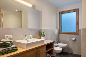 a bathroom with a sink and a toilet and a mirror at Mittnackerhof Apartment Ringelblume in Sarntal +12 photos