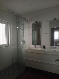 a bathroom with a shower and a sink and a mirror at Habitación con vistas in Aguadulce