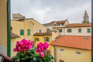 una finestra con fiori rosa che si affaccia sulla città di B&B Il Malconsiglio a Pistoia