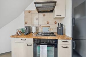 eine Küche mit einem Herd Top-Backofen neben einem Kühlschrank in der Unterkunft Central Apartment for City Explorers 222 in Zürich