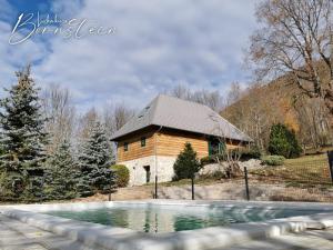 a log cabin and a pool in front of a house at Villa Bornstein in Korenica