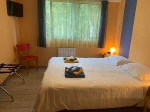 een slaapkamer met een bed met twee handdoeken erop bij Mes Oasis Nancy in Villers-lès-Nancy