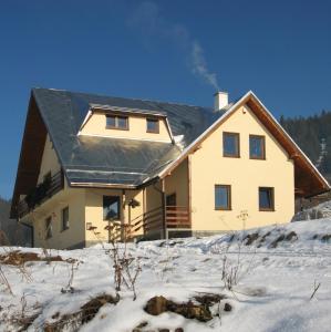 dom z czarnym dachem w śniegu w obiekcie Dom na okraji obce - Privát Šiškovci w Habówce