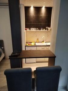 uma cozinha com um lavatório e um balcão com 2 cadeiras em VIN Studio em Kruševac
