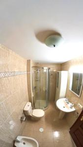 a bathroom with a shower and a toilet and a sink at Apartamento Playa de La Atalaya in Ribadesella