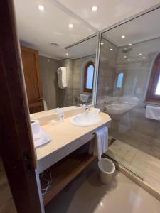 La salle de bains est pourvue d'un lavabo, d'une douche et d'une baignoire. dans l'établissement Hotel y Cabañas Le Village, à San Martín de los Andes