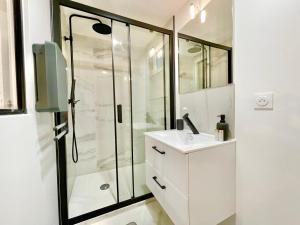 uma casa de banho com um chuveiro e um lavatório. em LE ROSACKER - Proche centre ville et gare - Terrasse - Parking gratuit 2 places - 2 chambres - 2 salles de bain em Colmar