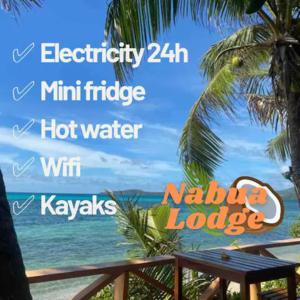 a picture of the beach with the words electricity minipulse hot water at Nabua Lodge in Nacula Island