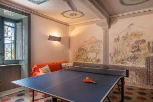 un tavolo da ping pong in una stanza con un murale di Baglio Scannale con piscina by Wonderful Italy a Scillato