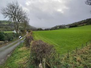 una carretera en un campo junto a una valla en Y Llew Bach, the tiny house en Gwytherin