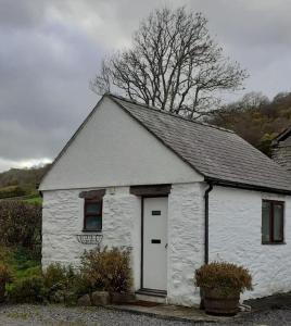 un pequeño edificio blanco con una puerta blanca en Y Llew Bach, the tiny house, en Gwytherin