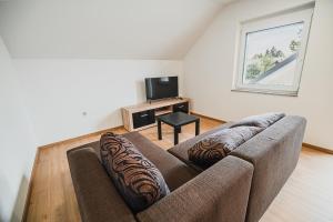 a living room with a couch and a television at Mojčin Pisker Apartment House in Kranj