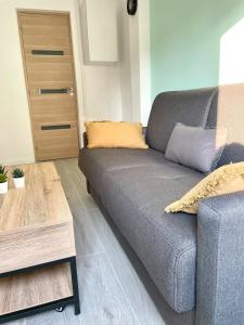 ein graues Sofa im Wohnzimmer mit einem Holztisch in der Unterkunft Chic And Cosy Studio proche ParisAéroport CDG in Villepinte