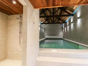 a swimming pool in a bathroom with a shower at South Hillswood Farm in Leek