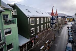 an overhead view of a city street with buildings at Akureyri Backpackers in Akureyri