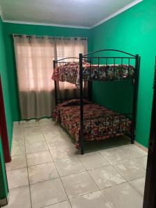 Ce lit se trouve dans un dortoir doté de 2 lits superposés et d'un mur vert. dans l'établissement Canal Inn B&B Panama, à Panama City