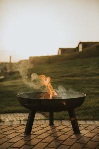 d'un foyer extérieur où la fumée s'échappe dans l'établissement Otters View, à Rhayader
