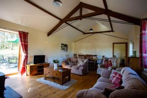 a living room with two couches and a tv at Pentre Fach in Llanddewi Ystradenny